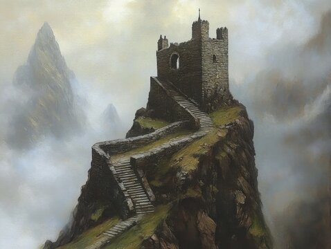 Stone castle perched atop mountain peak with winding staircase in fog landscape painting style