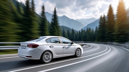 Fototapeta premium White car driving fast on a winding mountain road in the summer. Possible use Stock photo for car commercials, travel brochures, or automotive magazines.