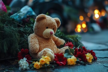 Fototapeta premium Memorial Tribute: Honoring the Victims of the Kemerovo Fire with Flowers and Teddy Bears in Mourning Silence