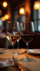 Intimate restaurant scene, wine glasses clinking , drinks, intimacy
