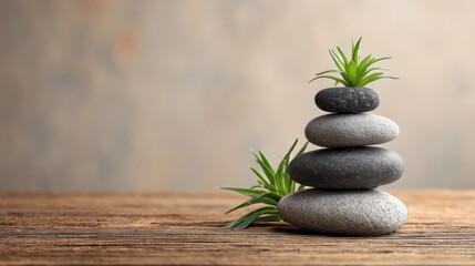 Obraz premium Zen Stones Stacked with Green Plant on Wood Table for Meditation and Relaxation Still Life Close Up Studio Shot