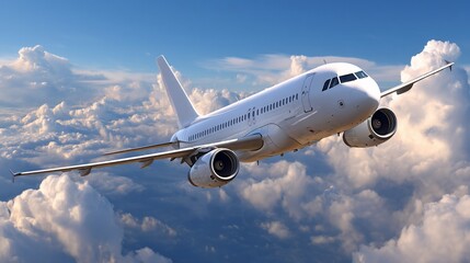Obraz premium White jet airplane soaring through fluffy clouds at sunrise; stock photo for travel, tourism, or aviation