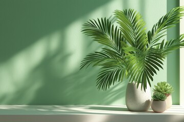 Obraz premium minimalist light green wall mockup with soft tropical leaf shadows, white tabletop for product display