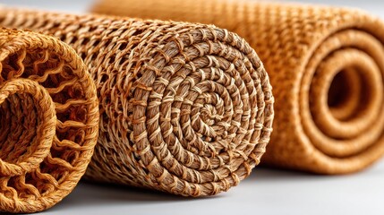 Artisanal coiled mat arrangement featuring intricately woven circular design