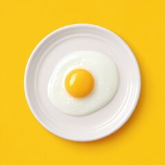 A perfectly cooked sunny-side-up egg on a white plate against a vibrant yellow background