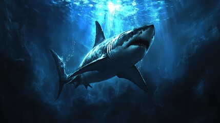 Fototapeta premium Monochrome Majesty: A White Shark Gliding Through Dark Waters
