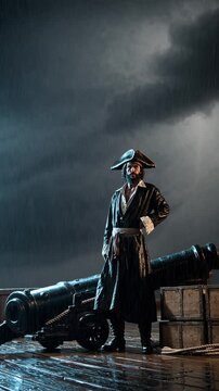 Capitaine pirate sous la pluie, debout pr&egrave;s d&rsquo;un canon sur le pont d&rsquo;un navire

