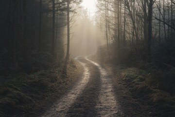 Obraz premium Morning Dew-Kissed Dirt Path Through Timberland. Sunlight Filtering Through Lush Canopy in a Serene Jungle Setting