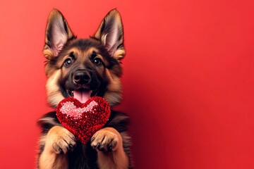 Cute german shepherd hound with sparkling rhinestones red heart - symbol of love, funny greeting card. Marketing visual idea. German shepherd - my preferred dog. Valentine's pet poses.
