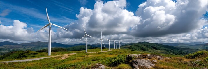 Wind turbines on a hilltop, green landscape under a partly cloudy sky. Possible use Stock photo for renewable energy, environmental conservation, sustainable living
