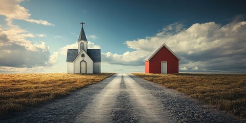 Navigating Life's Path: A 3D Illustration of State and Church as Choices on a Decision Road