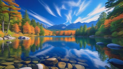 Tranquil Autumn Lake with Vibrant Reflections and Mountain Backdrop