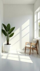 Bright sunlight floods a white room with few objects, geometric shapes, serenity, white walls