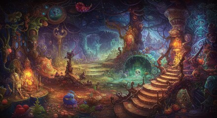 Fototapeta premium Enchanting Fantasy Landscape Surreal Forest Path Magical Creatures Mystical Staircase
