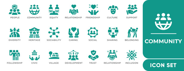Community Icon Set. Includes editable vector icons for group, collaboration, public network, diversity, support, assistance, and outreach. Perfect for social platforms, NGOs, and team apps.