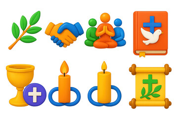 Religious 3d icons set – spiritual, faith symbols and meditation elements