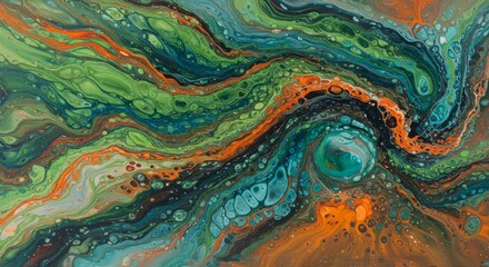 Abstract Fluid Acrylic Pour Painting Swirling Green Teal Orange and Brown Colors