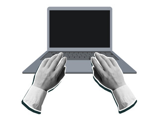 Flat opened laptop with hands on keyboard and empty screen, front view. Modern collage style. Illustration on transparent background