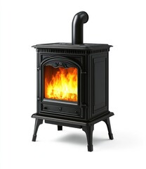 Classic black wood-burning stove with a fire