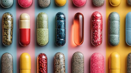 Colorful pharmaceutical capsule assortment, abstract pattern for health awareness