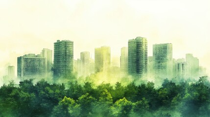 Green City Skyline Emerging from Lush Forest Watercolor Illustration