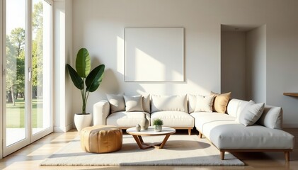Neutral palette living room, clean lines, natural light, clean, interior