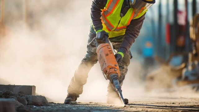 Construction Worker at Work: A construction worker diligently operates a jackhammer, their form a testament to labor and skill, as they break ground on a construction site.