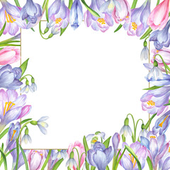 Square frame of soft purple, blue crocus flowers, white snowdrops flowers, green leaves and tiny gold frame. Square frame of flowers. Springtime garden clipart. Hand-drawn watercolor illustration