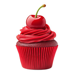 Chocolate cupcake with red frosting and cherry on top, isolated on white transparent background, concept of dessert and sweets