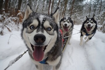 Naklejka premium playful huskies pulling a sled through a snowy forest trail, Generative AI