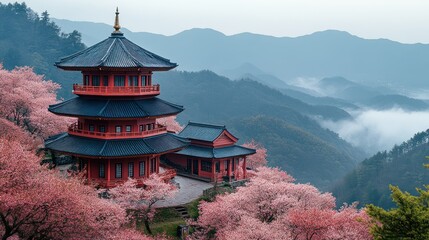 Obraz premium Cherry blossoms bloom around a traditional Japanese pagoda