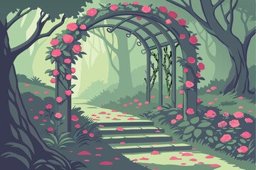 152 magical enchanted forest, lush and vibrant, rose arch walkway, petals falling, mystical atmosphere, fantasy landscape, ultra detailed, intricate, 8k, highly detailed, cinematic