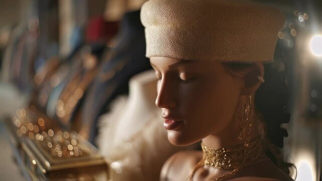 Warm light illuminates a mannequin displaying a pillbox hat and elegant gold jewelry inside a high end boutique, with blurred necklaces and other luxury items in the background