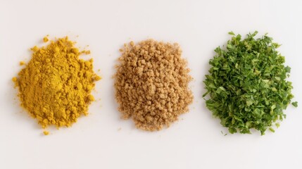 Assortment of Spices and Herbs Piles on White Background Overhead Shot Food Photography Ingredient Preparation Curry Brown Sugar Parsley
