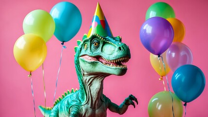 Joyful dinosaur celebrates with balloons on pink background
