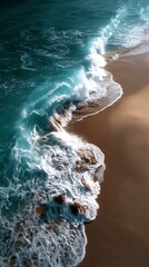 Fototapeta premium Waves crashing on sandy beach coastal area nature photography aerial view ocean serenity