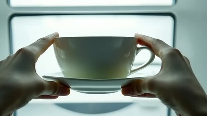 A steaming cup of tea held gently, a moment of quiet warmth.