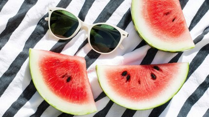 Fresh watermelon slices and sunglasses on a striped cloth.