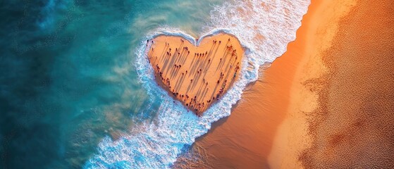 Aerial view of a heart-shaped sand formation on a beach.