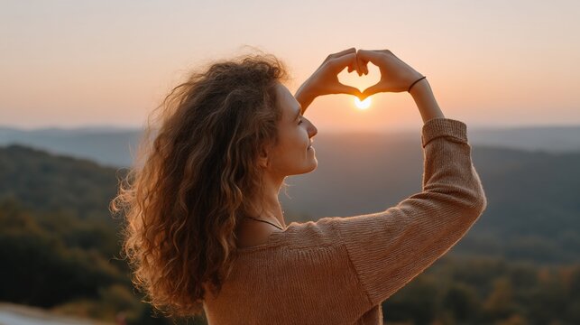 Woman creating heart shape with hands during sunset over mountain range, for inspirational or love-themed designs