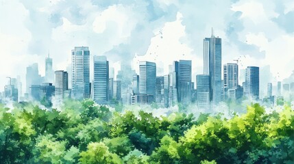 Obraz premium Lush Greenery City Skyline Watercolor Painting