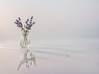 Silent Nature Surreal Scene with Fog and a lavender glass pot
