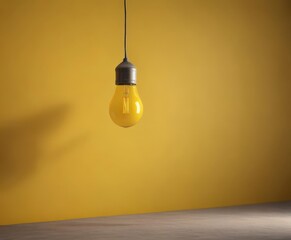 Solitary yellow bulb hangs against vibrant yellow backdrop,  yellow theme,  lighting,  light fixture