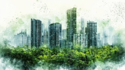 Obraz premium Lush Greenery Enveloping Modern City Skyline Watercolor Illustration