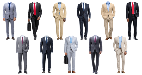Collection of male business suits on headless mannequins, isolated on transparent background