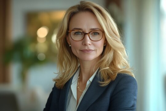 Confident middle aged business woman attorney, 45 years old lady entrepreneur, mature female professional executive manager leader standing in modern company office looking at camera