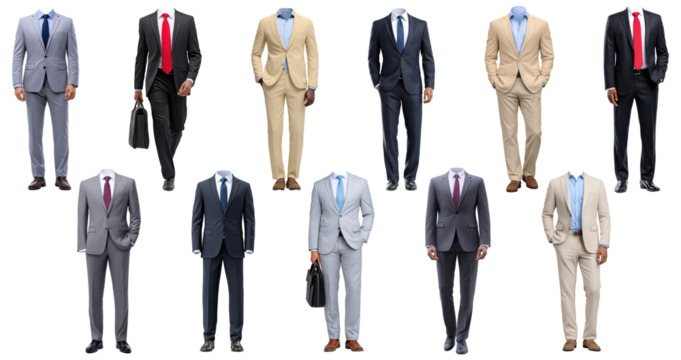 Collection of male business suits on headless mannequins, isolated on transparent background