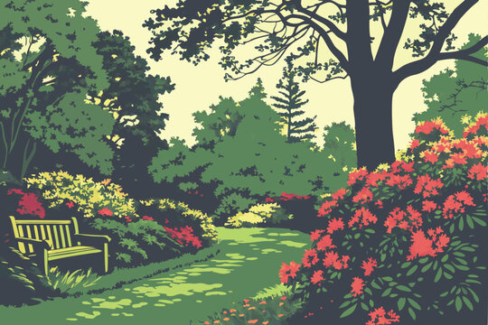 154 colorful lush garden, vibrant flowers, green foliage, bench in distance, sunlight peeking through trees, highly detailed, photorealistic, 8k, cinematic lighting