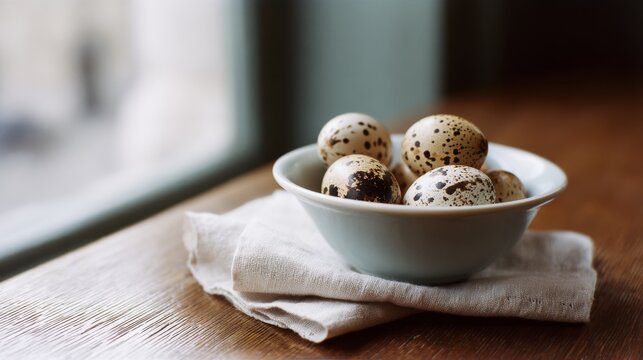 A bowl of speckled eggs resting on a folded cloth by a sunlit window, conveying rustic charm and natural simplicity.
