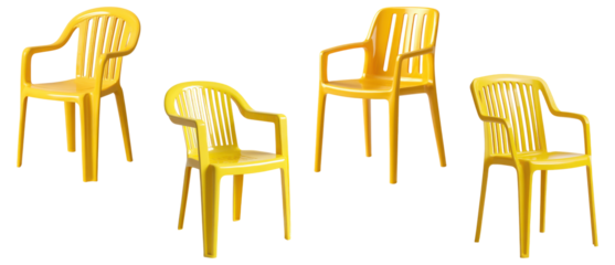 Set of yellow plastic outdoor chairs in multiple angles, isolated on transparent background
